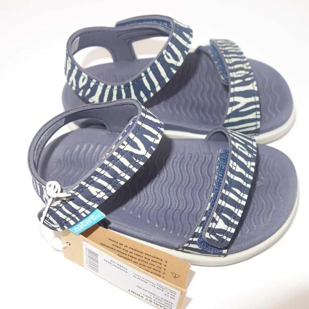 NEW NATIVE Charley Gray Blue Zebra Sandals Hook & Loop Little Kids Toddlers C4